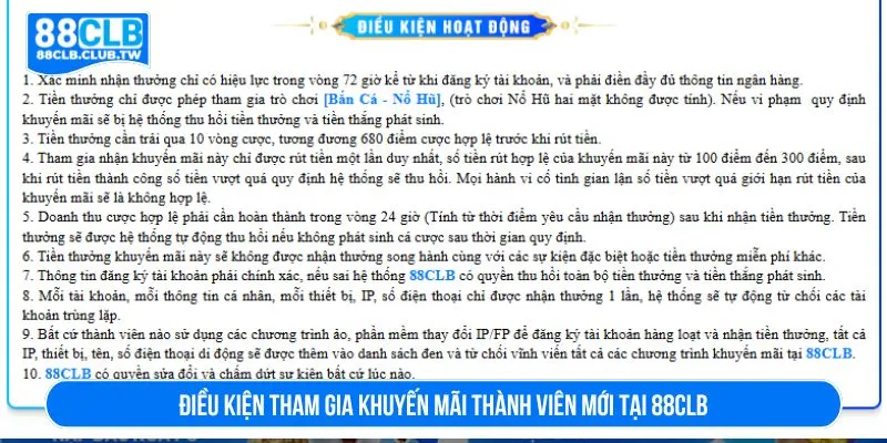 Điều kiện tham gia khuyến mãi thành viên mới tại 88CLB